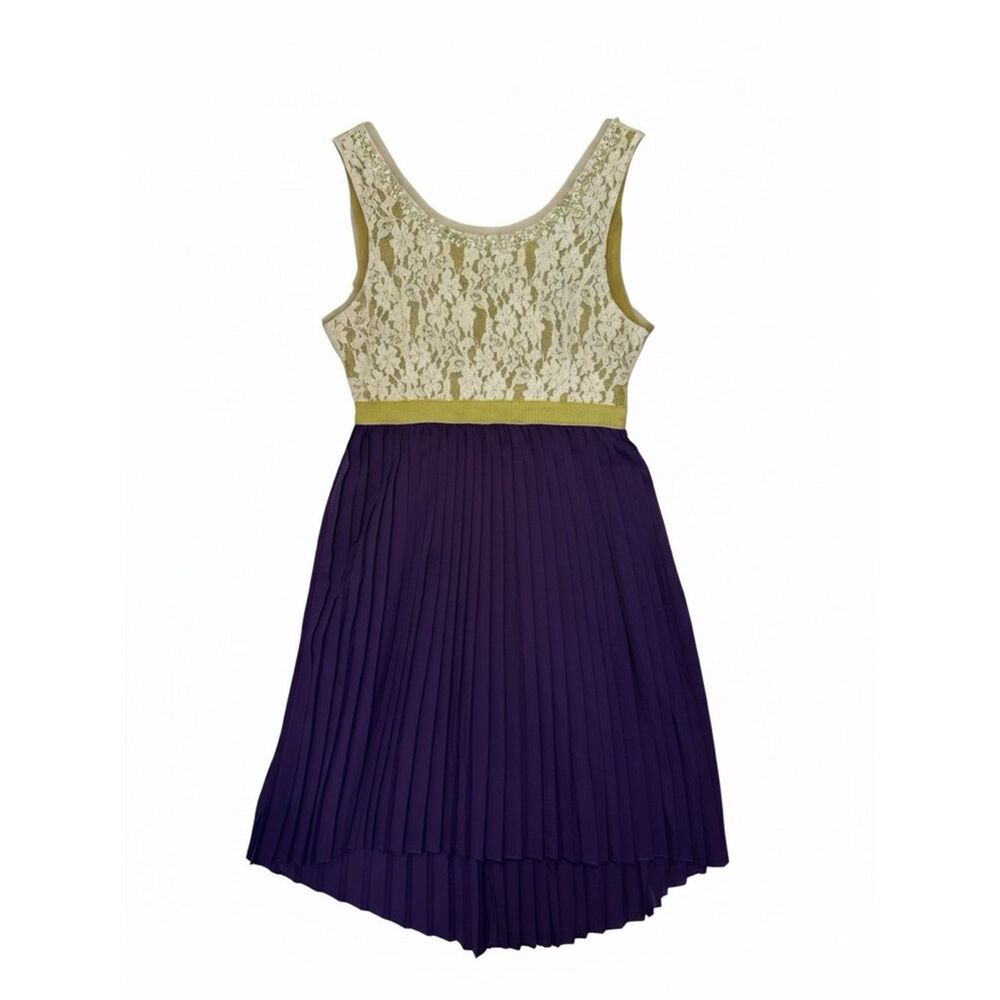 RYU Anthropologie Pleated Cream Lace & Purple High Low Midi Dress Size Large